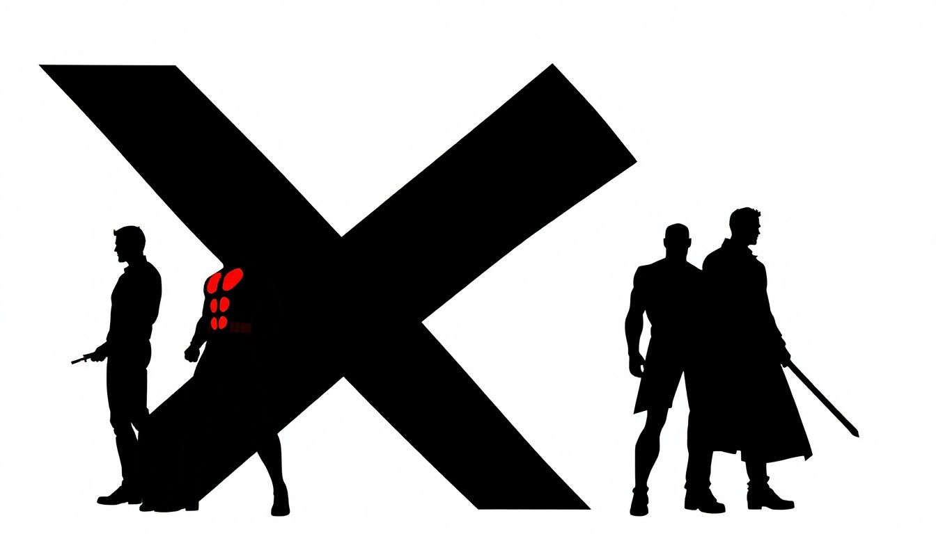 A striking abstract composition of jagged, overlapping black silhouettes against a bold red background, conceptually representing the X-Men's introduction to the Marvel Cinematic Universe.