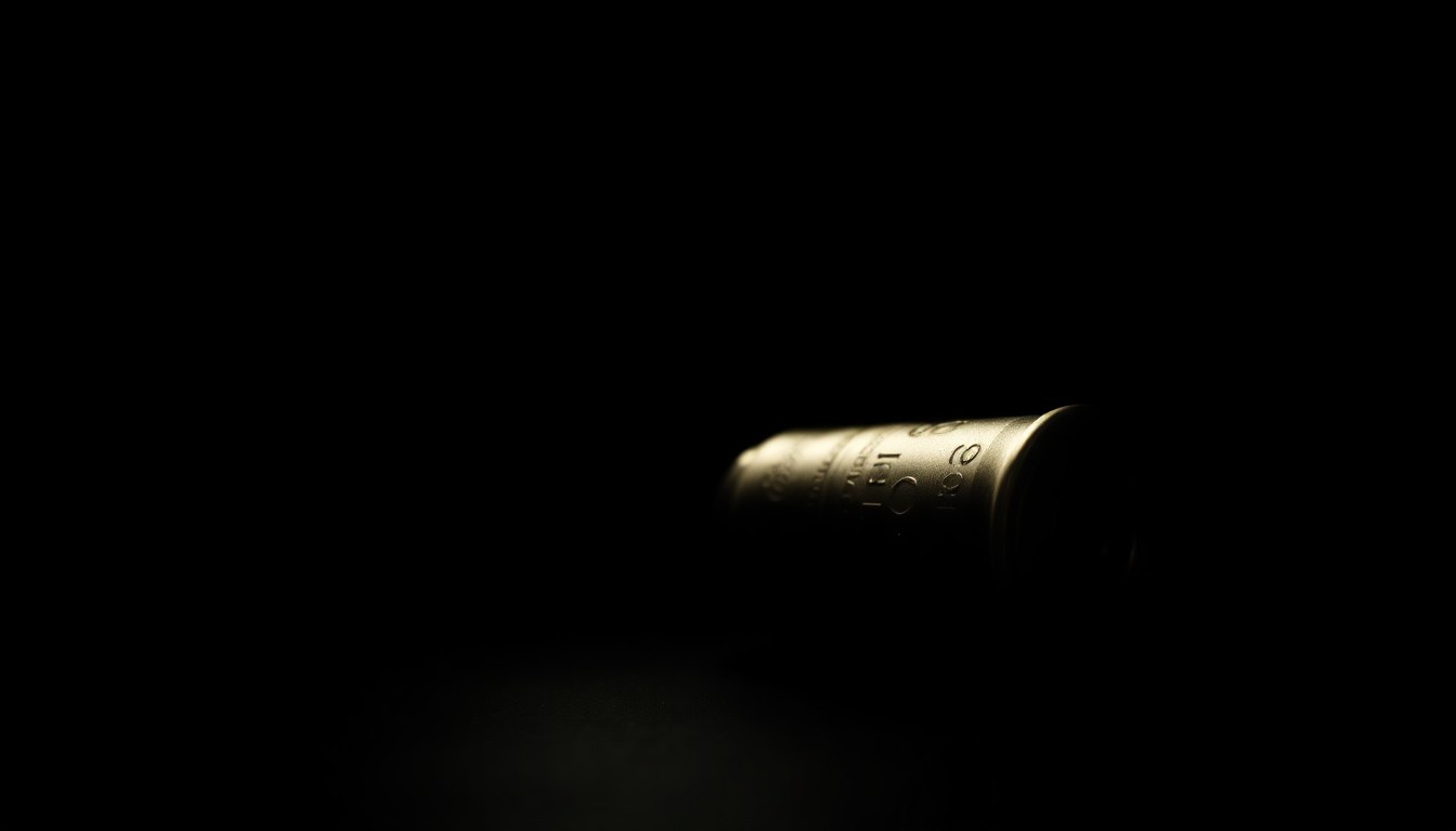 An extreme close-up photograph of a spent shell casing from a handgun, lit by a harsh, direct camera flash against a pitch-black background, creating a stark, gritty, investigative aesthetic.