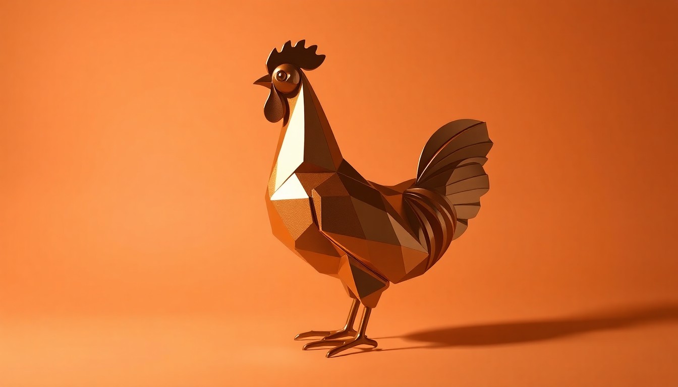 A photorealistic studio still-life image featuring a polished, geometric metal chicken sculpture in warm, earthy tones, representing Starbird's commitment to premium quality and operational discipline as it expands its franchise network.