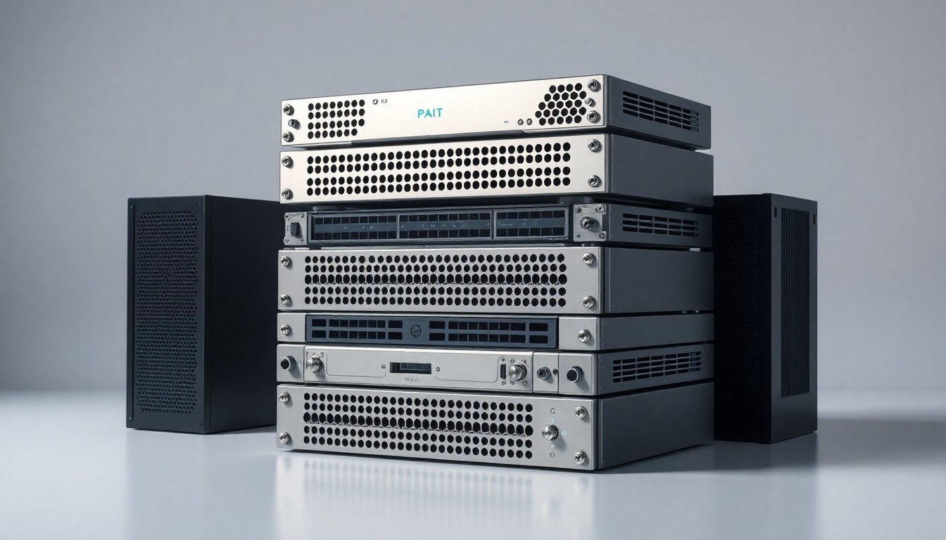 A photorealistic studio still life featuring a stack of sleek, polished computer server components, conceptually representing the AI infrastructure that will power the next era of technological innovation.