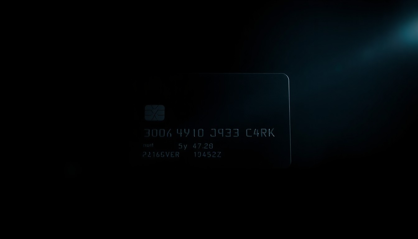 An extreme close-up photograph of a credit card against a pitch-black background, lit by a harsh, direct camera flash, conceptually representing the financial fraud at the heart of this story.