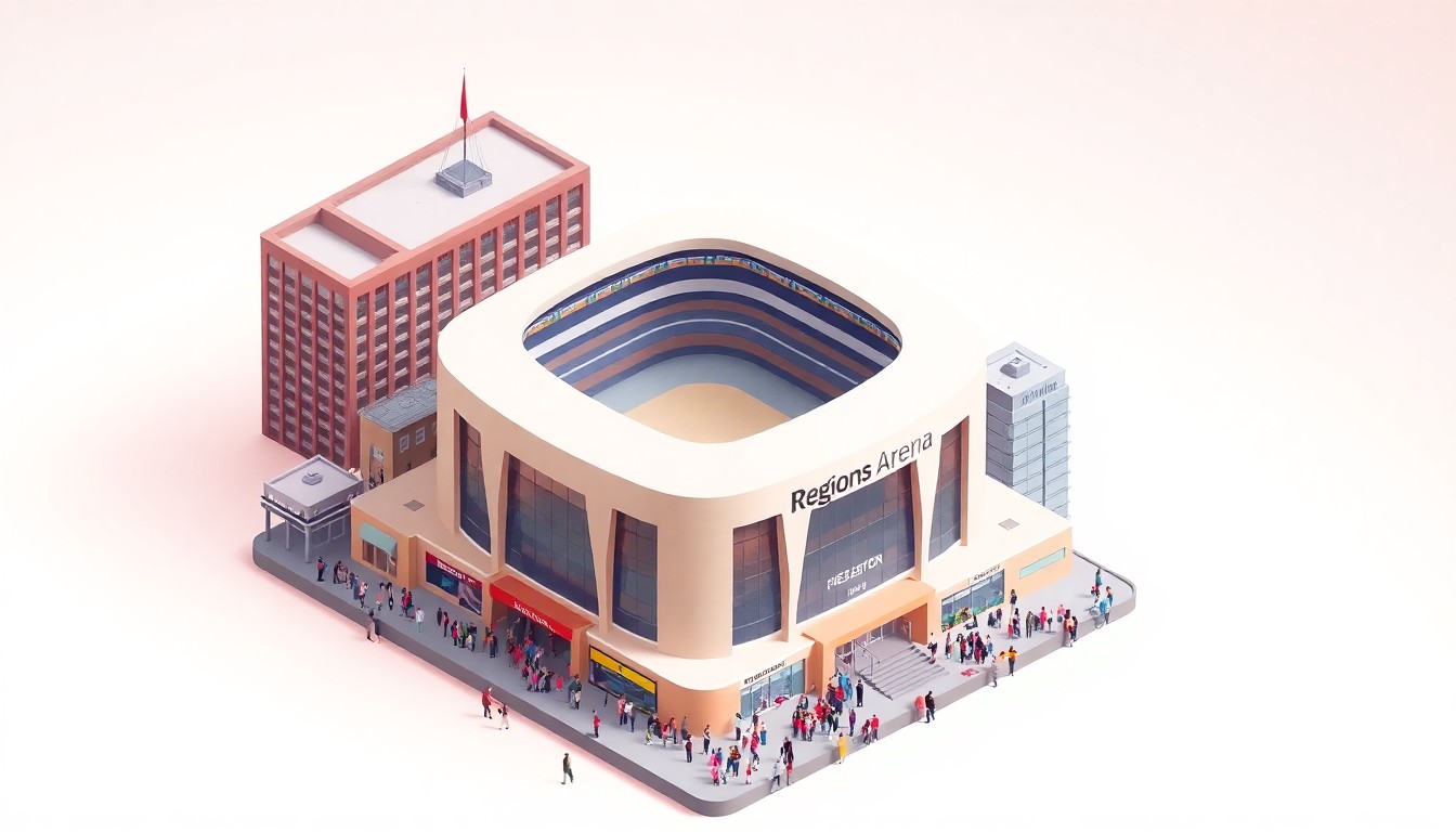 A colorful, minimalist 3D illustration depicting a stylized Regions Arena surrounded by other downtown Mobile buildings, with a crowd of people gathered outside to celebrate the venue's opening.