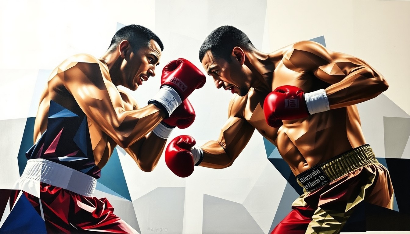 A fractured, multi-perspective painting in the style of Pablo Picasso, breaking down a boxing match into sharp, overlapping geometric planes in a dynamic, cubist composition.