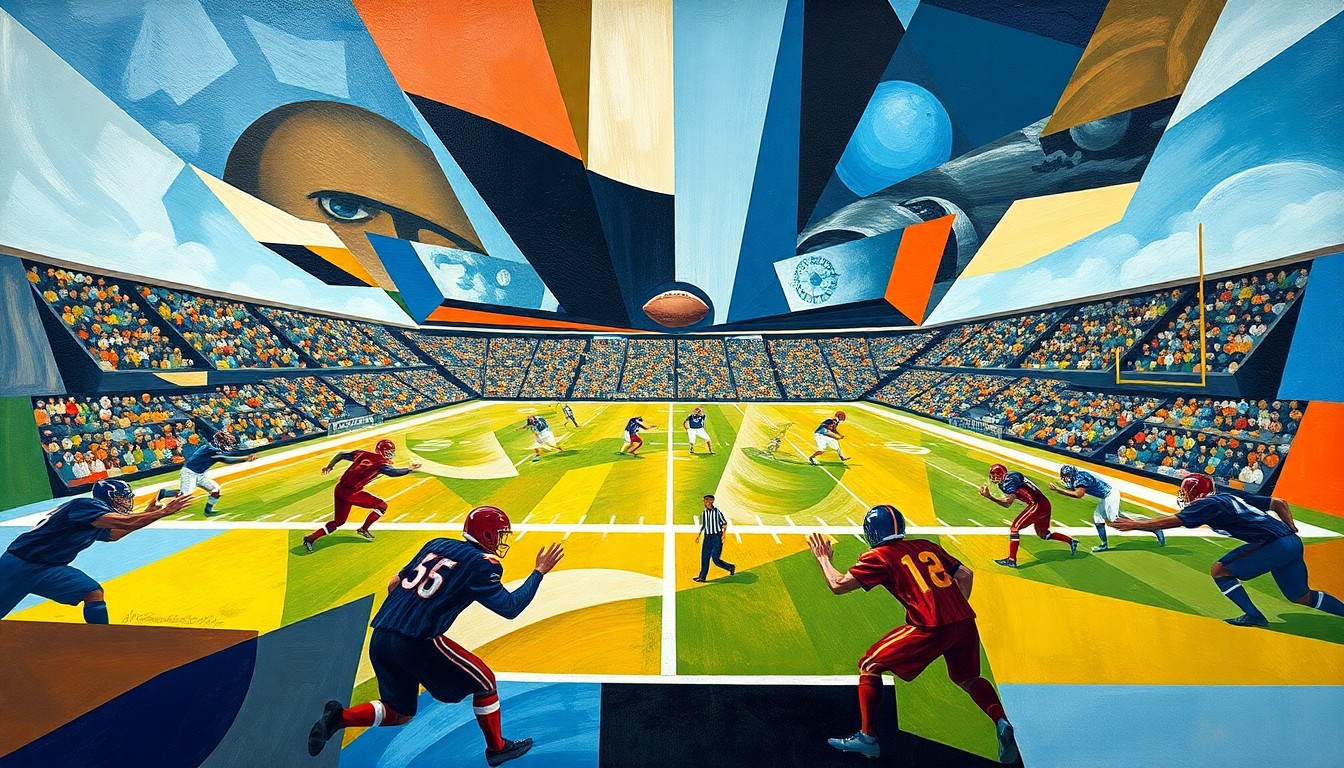 A fragmented, geometric painting depicting the chaotic energy and overlapping perspectives of an NFL draft, with players and field reduced to angular shapes and planes of color.
