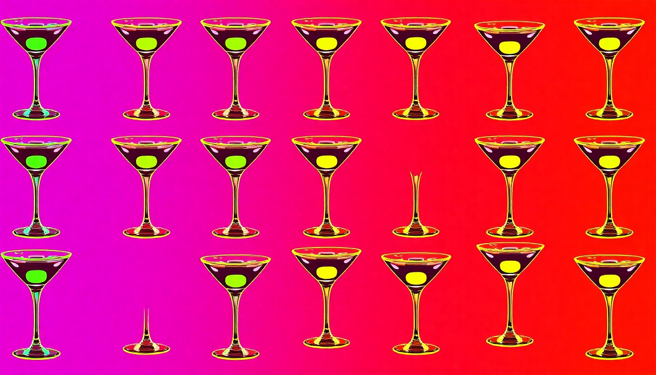 A high-contrast, silkscreen-style illustration of a cocktail glass repeated in a grid pattern, using bold neon colors and heavy black outlines to capture the energy and creativity of Sioux Falls' Mash Madness drink competition.