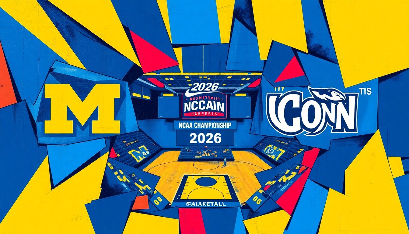 A fractured, cubist-style painting depicting the intense action and competition of the 2026 NCAA Basketball Championship game between Michigan and UConn, with sharp geometric shapes and planes of vibrant blue, yellow, and red colors.
