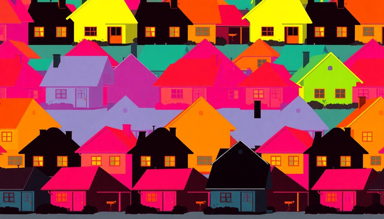 A bold, pop art-inspired illustration featuring a repeated pattern of a simple, boxy house silhouette in bright neon colors, conceptually representing the standardized, mass-produced nature of Levittown's suburban development.