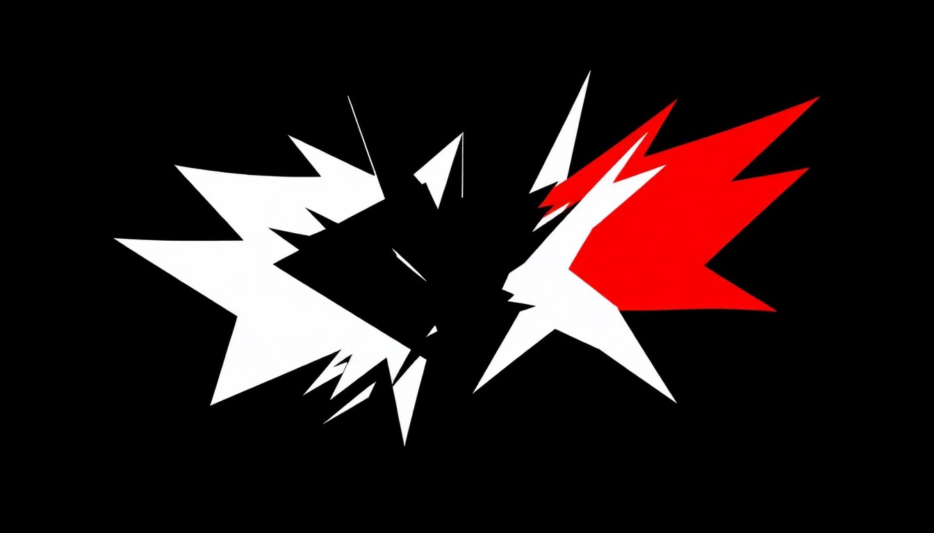 An abstract composition of bold, angular black shapes against a stark white background, with a single bright red shape cutting through the center, conceptually representing the conflict between two competing entertainment brands.