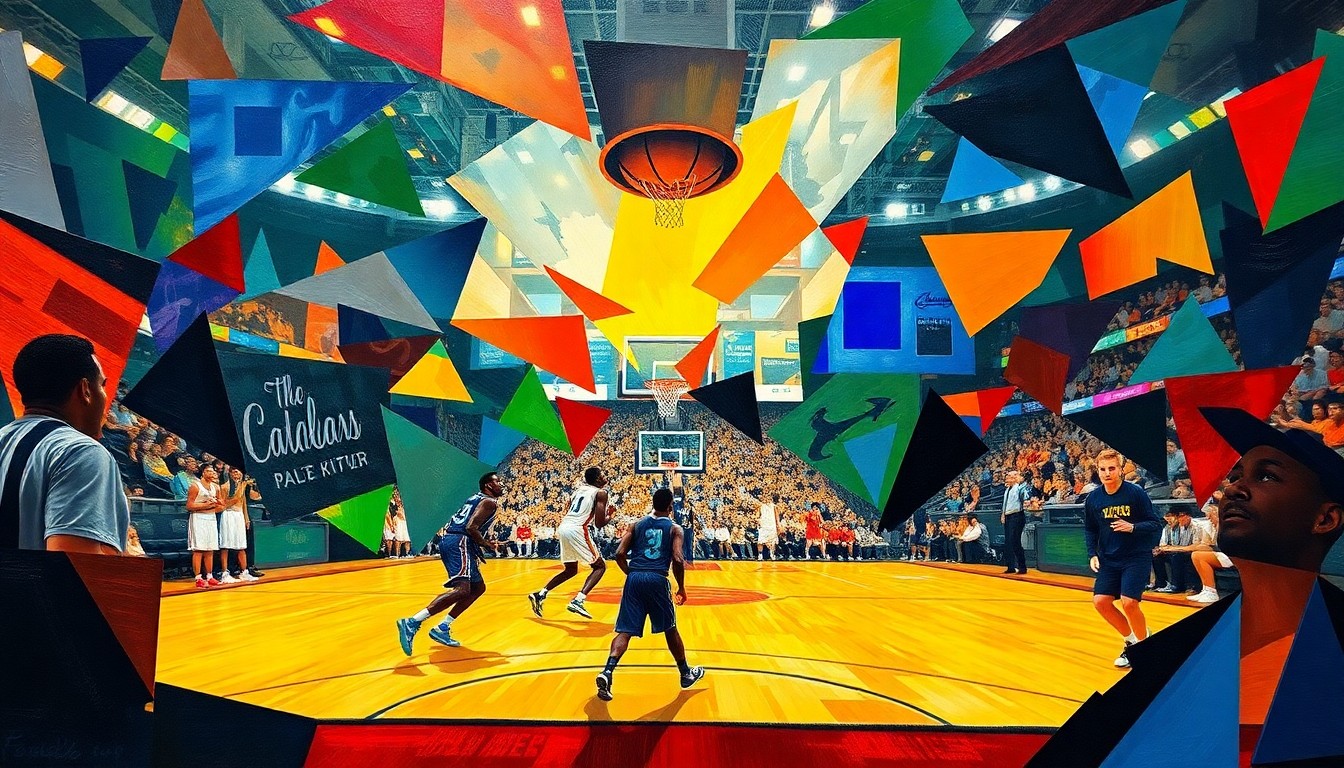 A fractured, multi-perspective painting in a cubist style, breaking down a college basketball game into sharp, overlapping geometric shapes and planes of color, with the players' figures abstracted into angular, colorful forms.