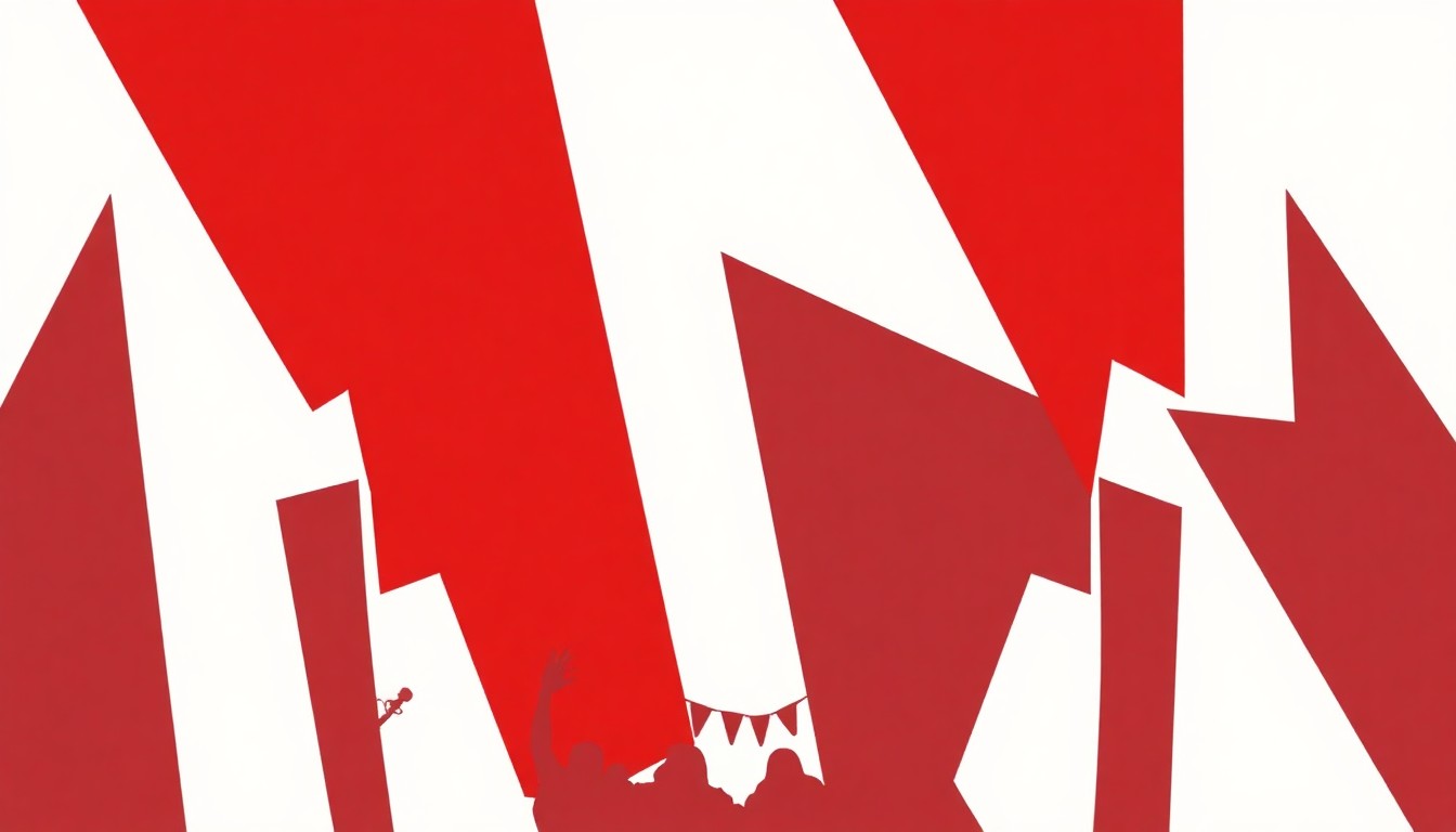 An abstract, geometric composition in bold red and white shapes, conceptually representing a music festival or concert event.