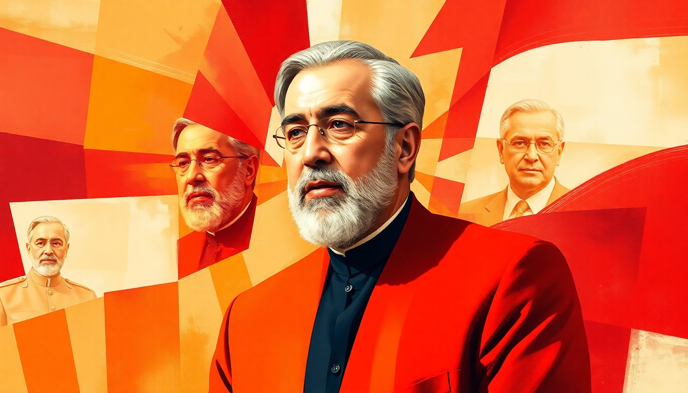 A fractured, abstract painting in warm tones depicting a distorted, repeated figure representing an Iranian regime official, conveying a sense of instability and unease surrounding their privileged lifestyle in the U.S. while their relatives oppress the Iranian people.