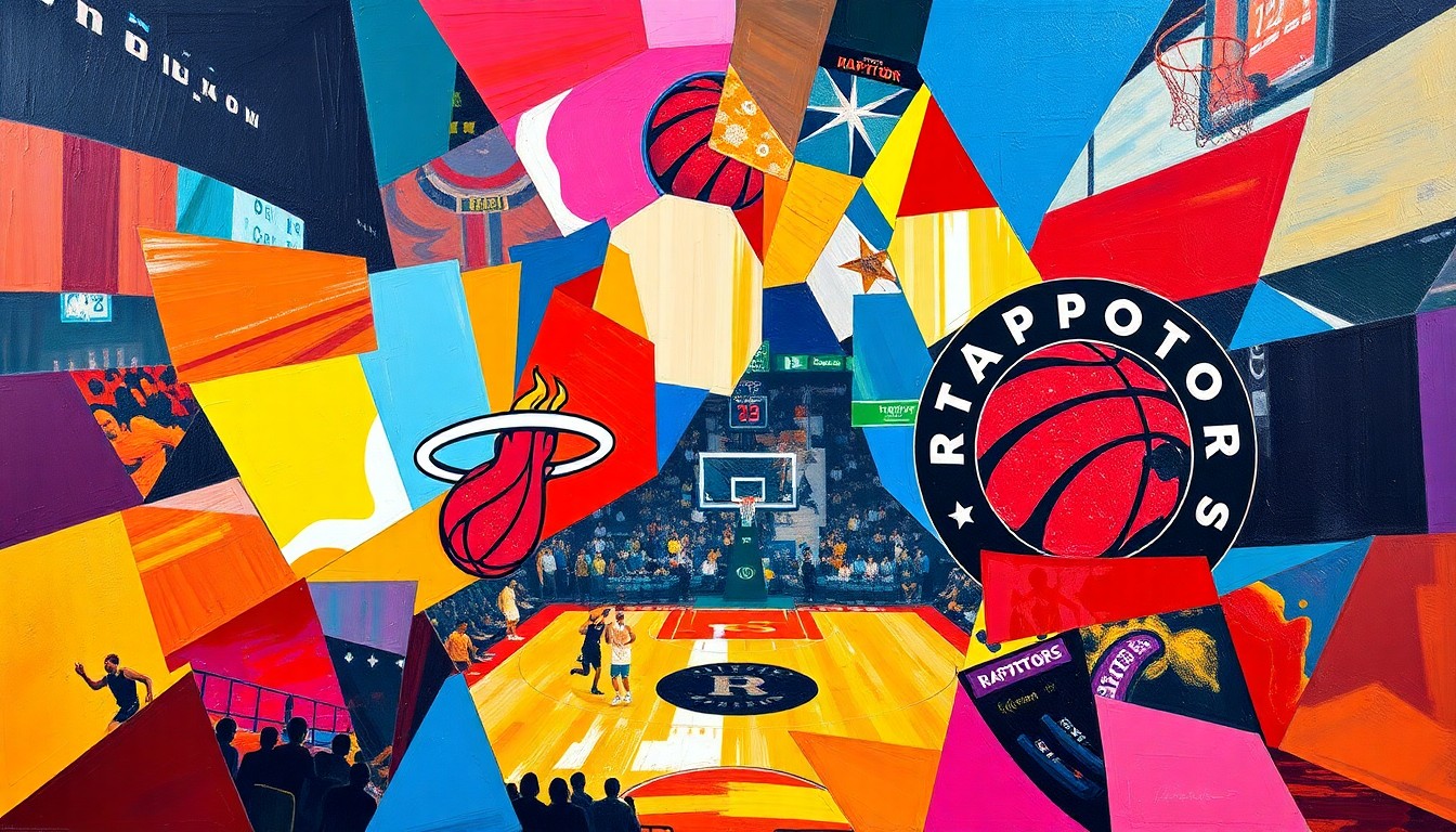 A cubist, geometric painting depicting a basketball game between the Miami Heat and Toronto Raptors, with the players and court fragmented into sharp, overlapping shapes and planes in the teams' official colors.