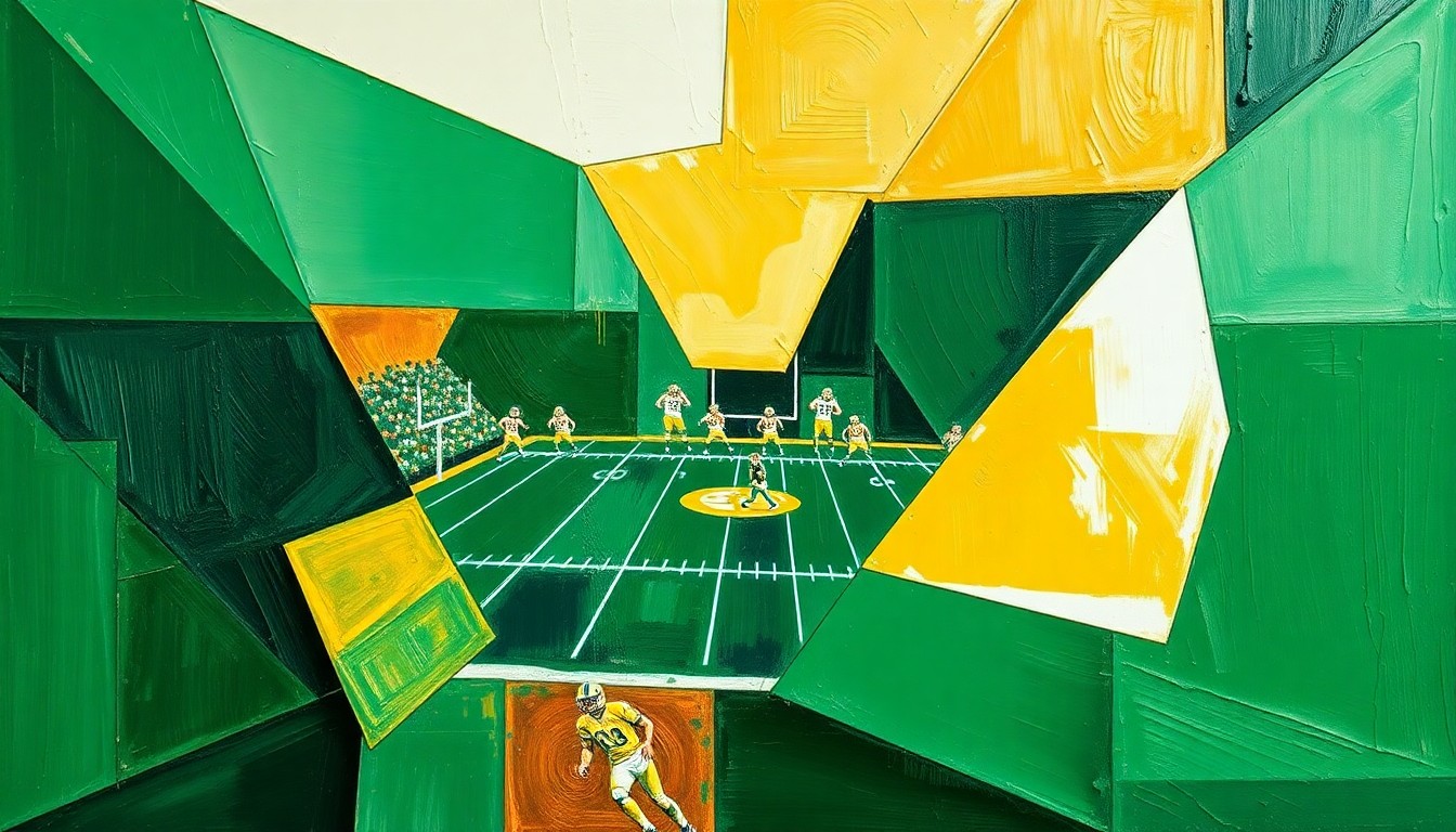 A cubist-style painting featuring overlapping geometric shapes in shades of green, gold, and white, representing the dynamic action and energy of a high school football game.