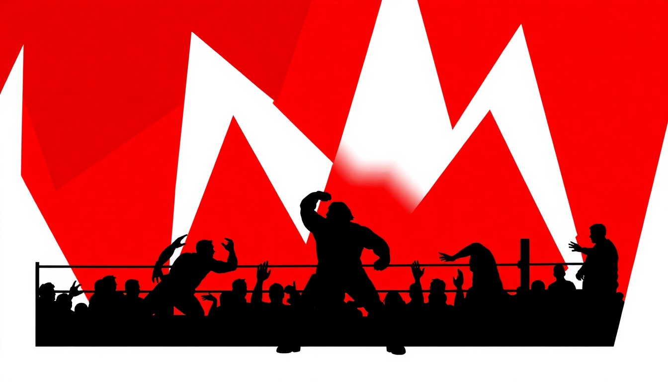 An abstract, minimalist illustration featuring bold, jagged shapes and silhouettes in high-contrast colors, conceptually representing the idea of a wrestling or entertainment event without depicting any specific people, places, or branding.