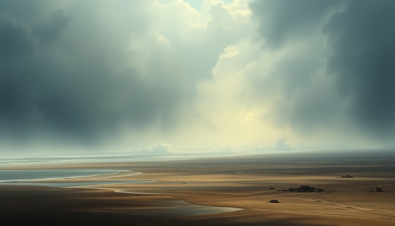 A vast, serene beach landscape painting in muted tones, with crashing waves and a distant, fog-shrouded horizon dominating the frame and conveying the overwhelming scale and power of the natural environment.