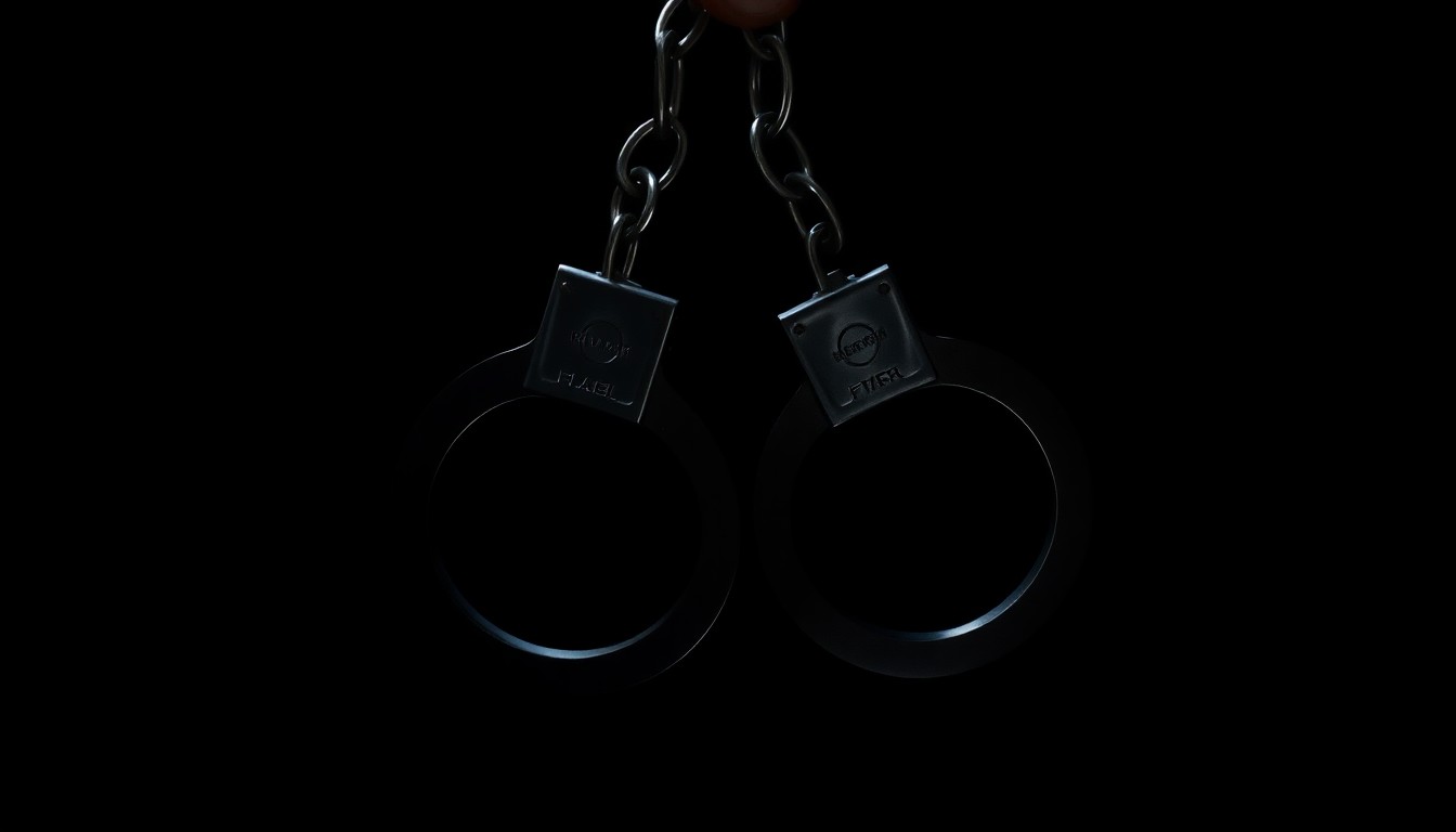 An extreme close-up photograph of a pair of handcuffs against a stark black background, the metal surface reflecting the harsh light of the camera flash, conceptually representing the criminal justice system and the ongoing debate over rehabilitation and clemency.