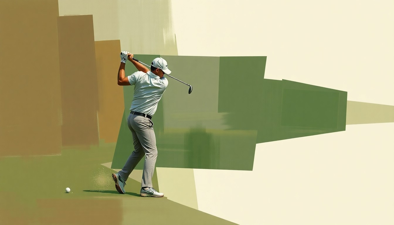 A fractured, geometric painting depicting a golfer's swing broken down into sharp, overlapping planes of muted green, brown, and gray tones, conveying the mental challenges Woodland faces on the course.