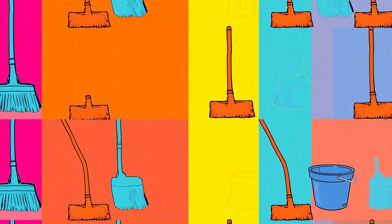 A high-contrast, silkscreen-style grid of a single household cleaning item such as a mop or bucket, rendered in a bold, neon color palette to conceptually represent the revitalizing power of spring cleaning.