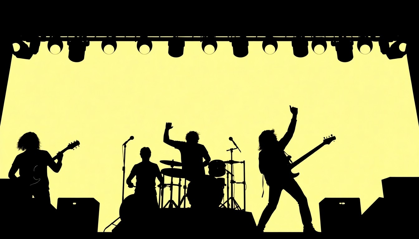 A dynamic, abstract illustration featuring jagged black shapes and vibrant red and white colors, conveying the raw power and energy of a veteran rock band performing live on stage.