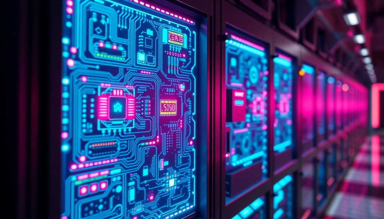 A highly detailed, glowing 3D illustration of futuristic AI hardware, with intricate circuitry and components illuminated by vibrant neon lights, conceptually representing the advanced technology powering the digital transformation of enterprise workplaces.
