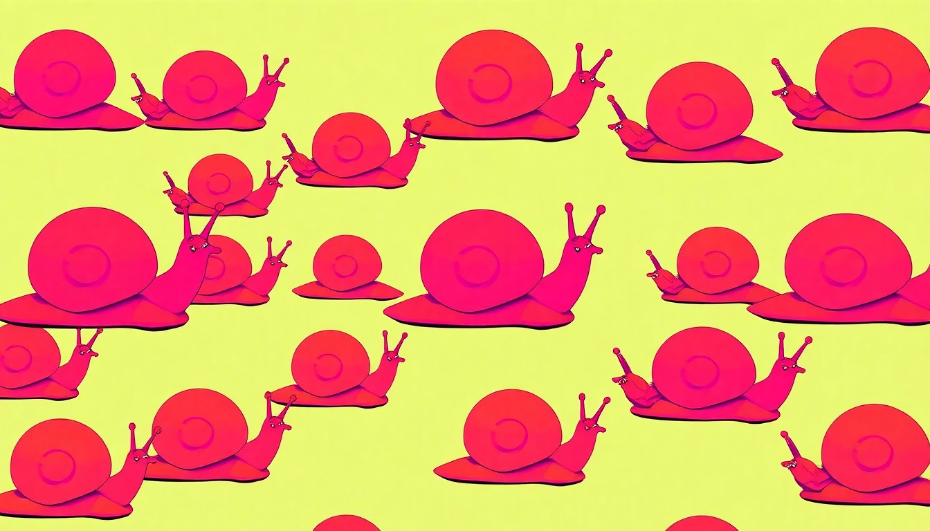 A high-contrast, brightly colored silkscreen print of a single giant pink snail sculpture repeated in a tight grid pattern, conceptually representing the whimsical art installations that are migrating toward Louisville.