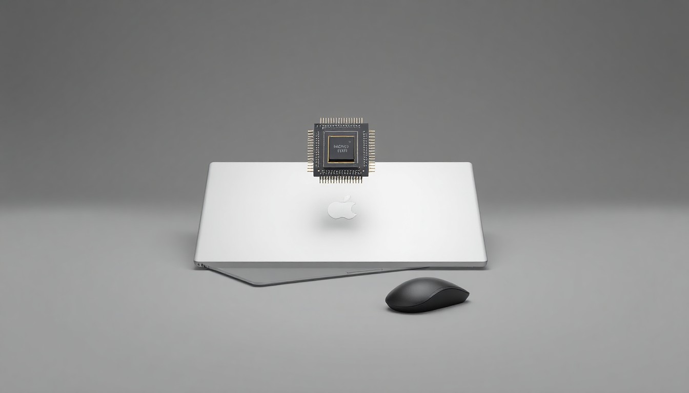 A high-end, photorealistic studio still-life photograph featuring a sleek laptop, wireless mouse, and stylized microchip model, conveying the precision and power of Minimus's AI-driven technology solutions.