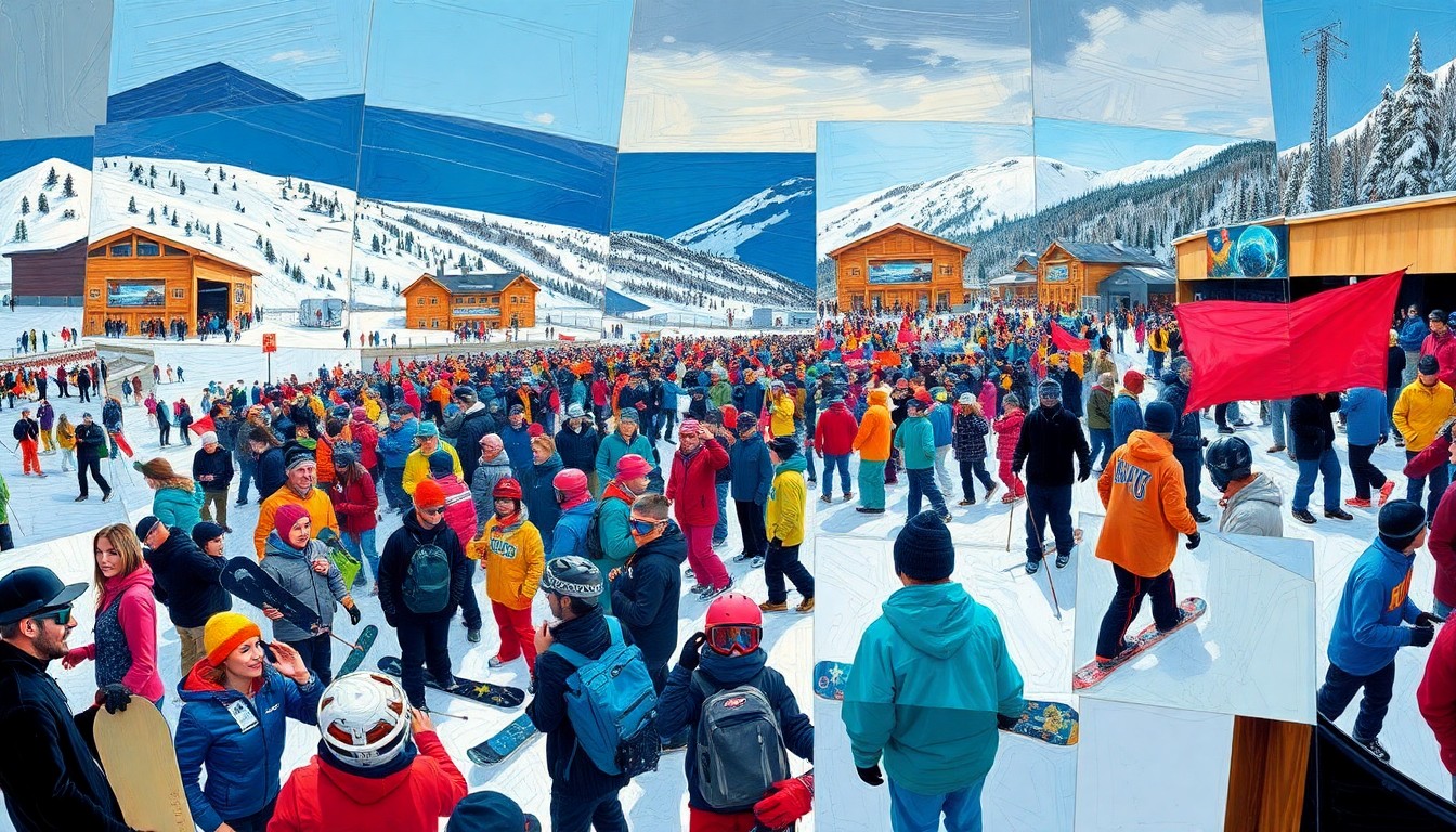 A cubist, geometric painting depicting a lively scene of skiers, snowboarders, and other revelers at a Closing Day celebration at Vail Mountain, with the resort's slopes and buildings fragmented into overlapping planes of color.