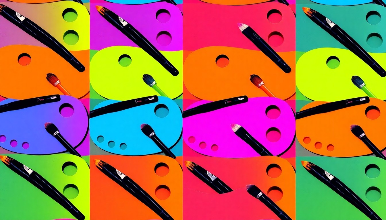 A bold, colorful silkscreen print featuring a repeating pattern of a painting palette with brushes, capturing the artistic energy and creative expression of the Art on Lark festival.