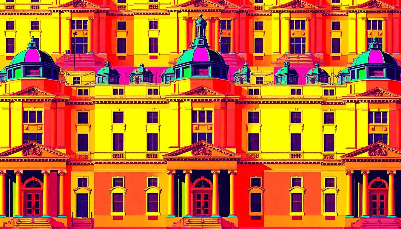 A grid of boldly colored, silkscreen-style images of a city hall building or other iconic municipal structure, rendered in a high-contrast, abstract pop art style that celebrates the everyday civic architecture.