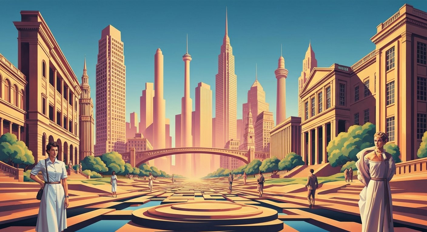 A bold, geometric illustration in the Art Deco style, featuring sweeping, airbrushed gradients of warm colors and towering architectural forms, conceptually representing the vibrant and diverse culinary landscape of Charlotte, North Carolina.