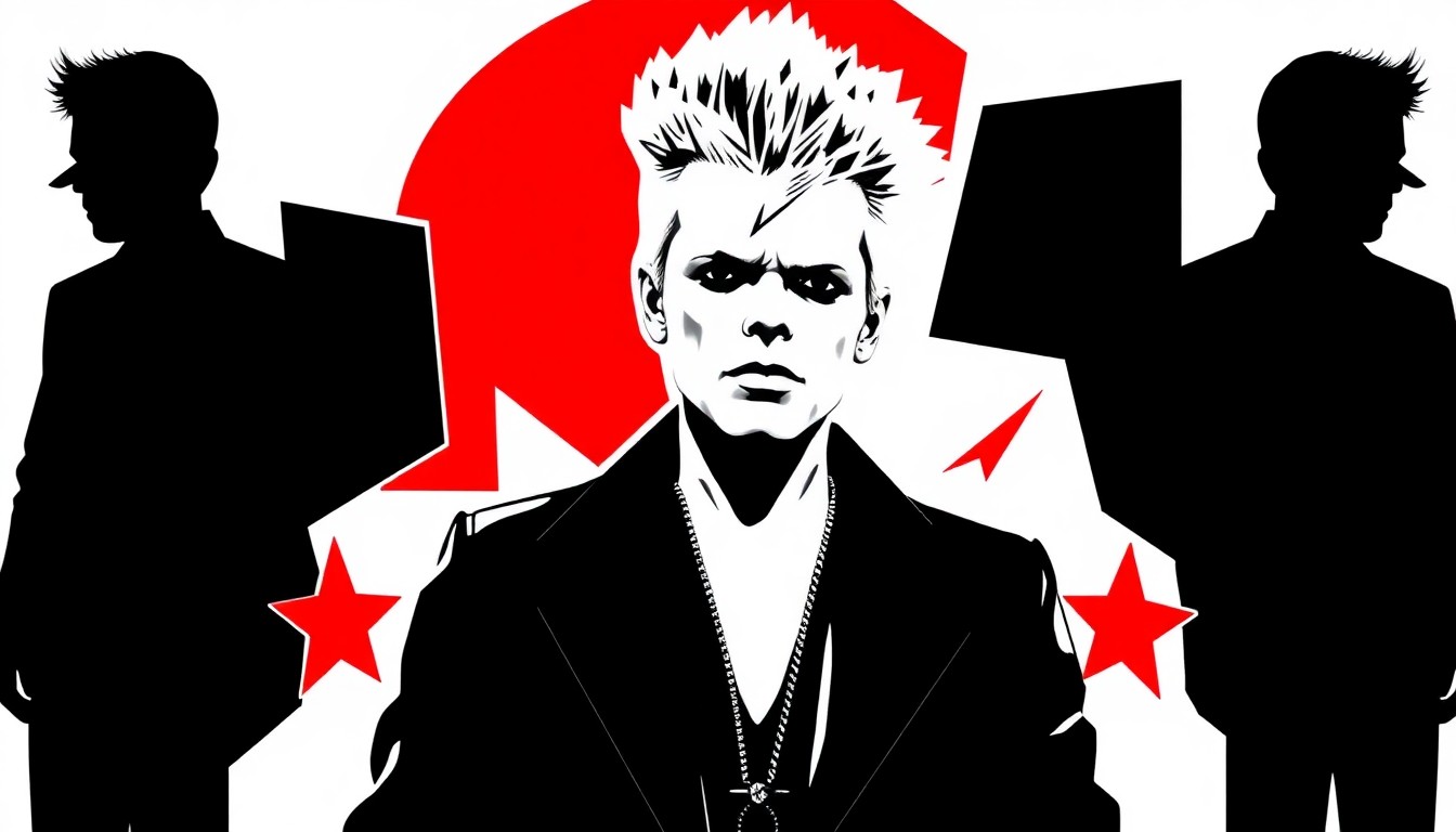 A striking black silhouette of Billy Idol's iconic spiked hair and angular features, set against a bold red background, conceptually capturing the rebellious energy of the veteran rocker's new tour.