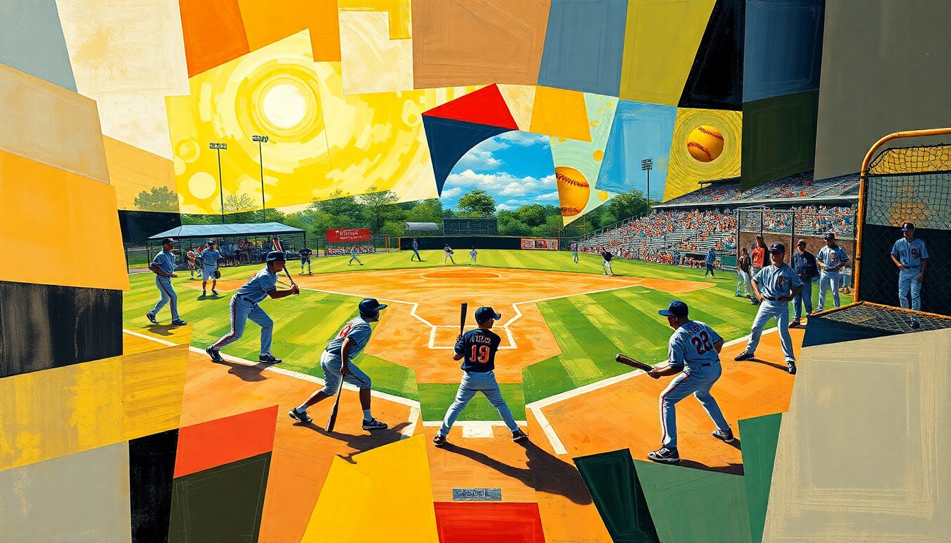 A fragmented, geometric painting depicting the various elements of a high school softball game, including players, bats, and the field, conceptually representing the Great Crossing team's struggles to maintain control of their games.