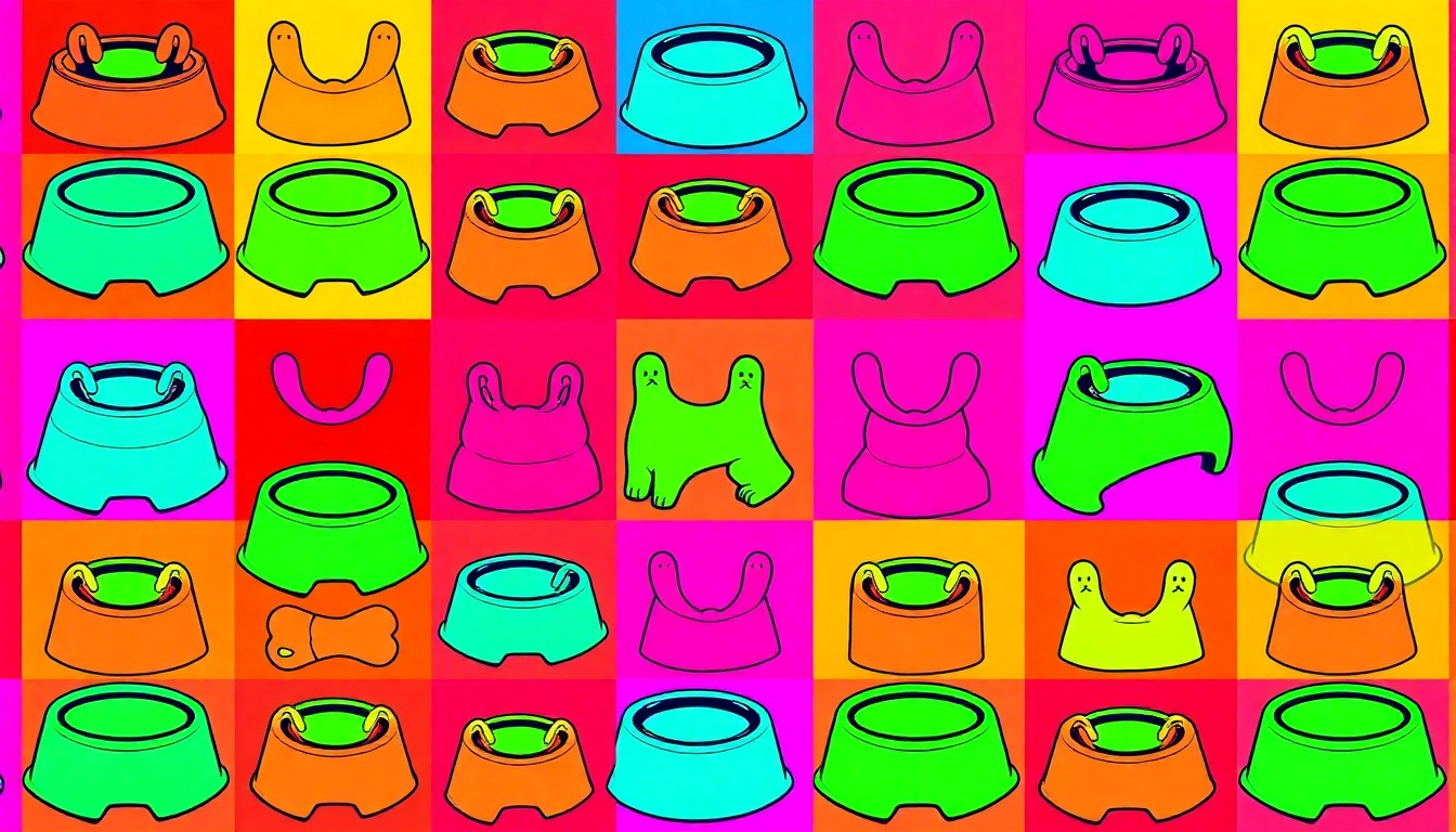 A grid of brightly colored, high-contrast silkscreen images of a dog bowl, repeated in a pattern of neon yellows, pinks, and blues with heavy black outlines, conceptually representing the growth and energy of an expanded animal shelter facility.