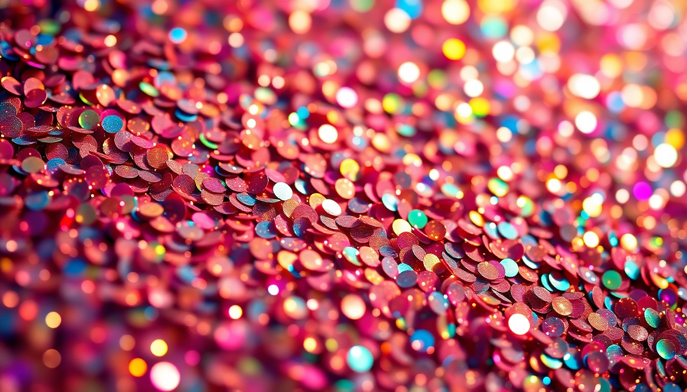 An abstract, high-contrast close-up photograph of glittering, iridescent sequins in a vibrant array of colors, conveying the celebratory and glamorous atmosphere of Coachella's 25th anniversary.