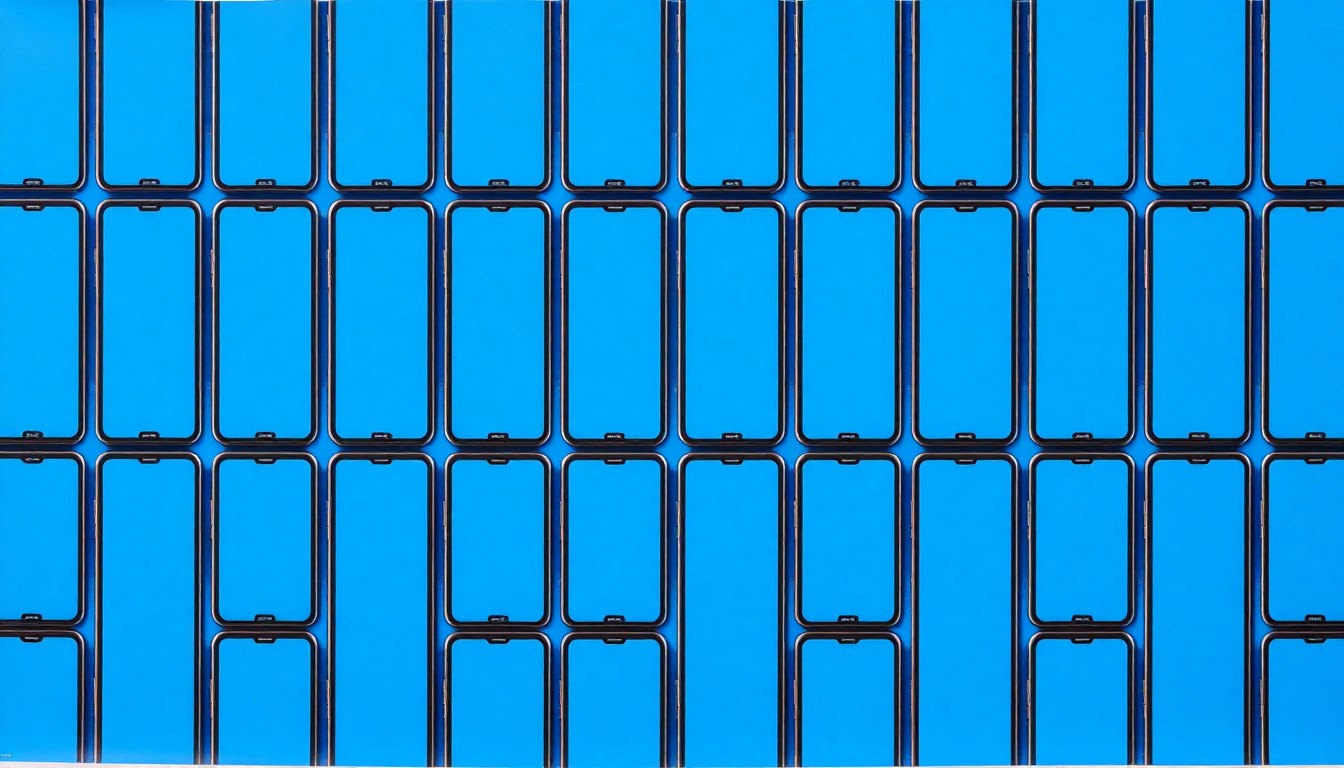 A vibrant, abstract silkscreen print depicting a smartphone screen repeated in a grid pattern, conveying the pervasive influence of technology in modern life.