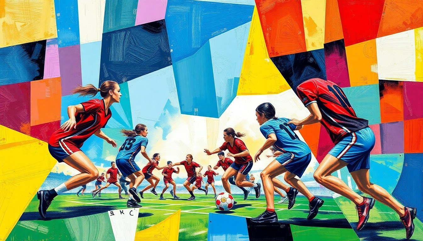 A dynamic, cubist-style painting featuring overlapping geometric shapes and planes of bright red, blue, and green, conceptually representing the fast-paced action and team spirit of a girls flag football game.