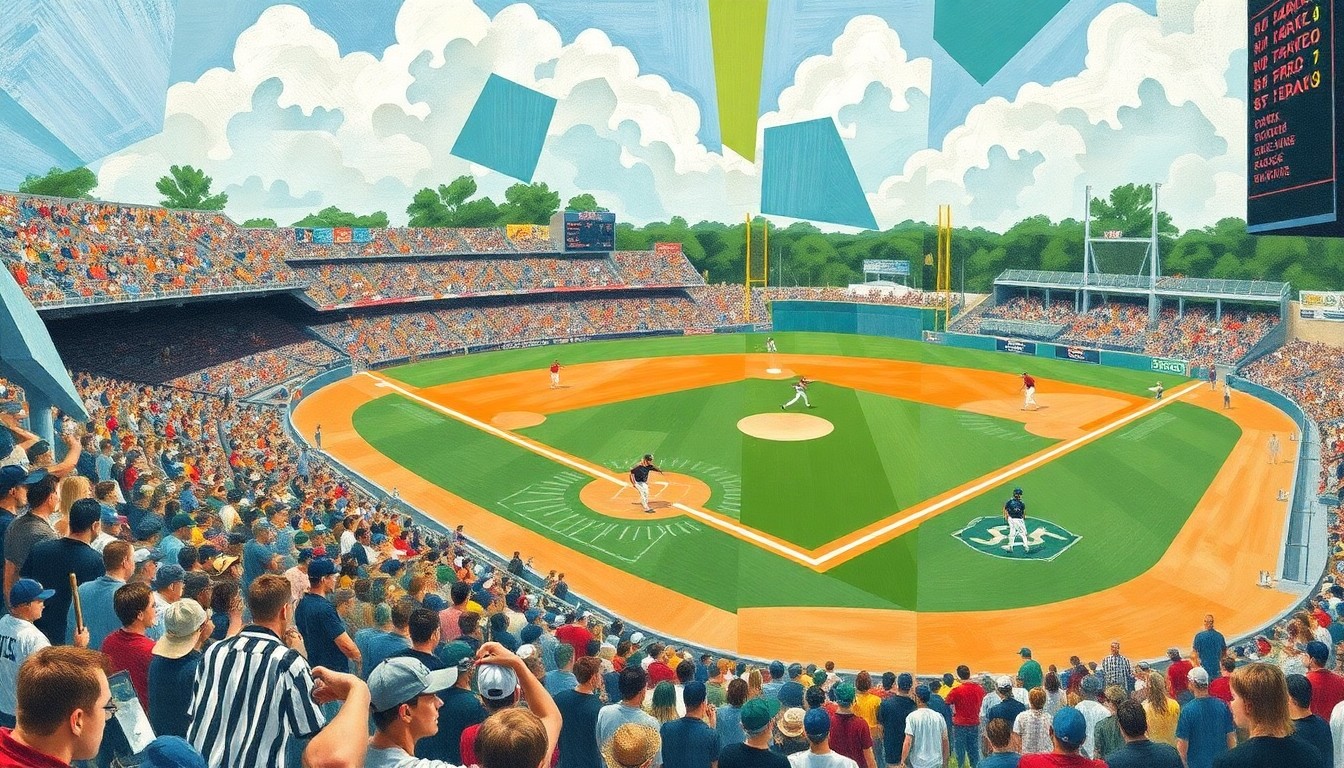 A fragmented, geometric painting depicting a high school baseball game, with players, field, and crowd broken down into abstract shapes and planes of vibrant color.