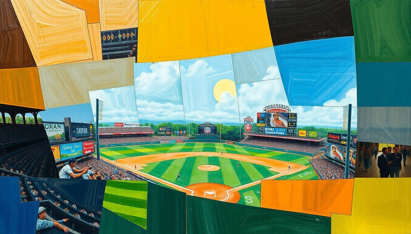 A cubist, geometric painting depicting a baseball game between two teams, with the players and field broken down into sharp, overlapping planes of color and shape, conveying the intensity and competitive spirit of the matchup.