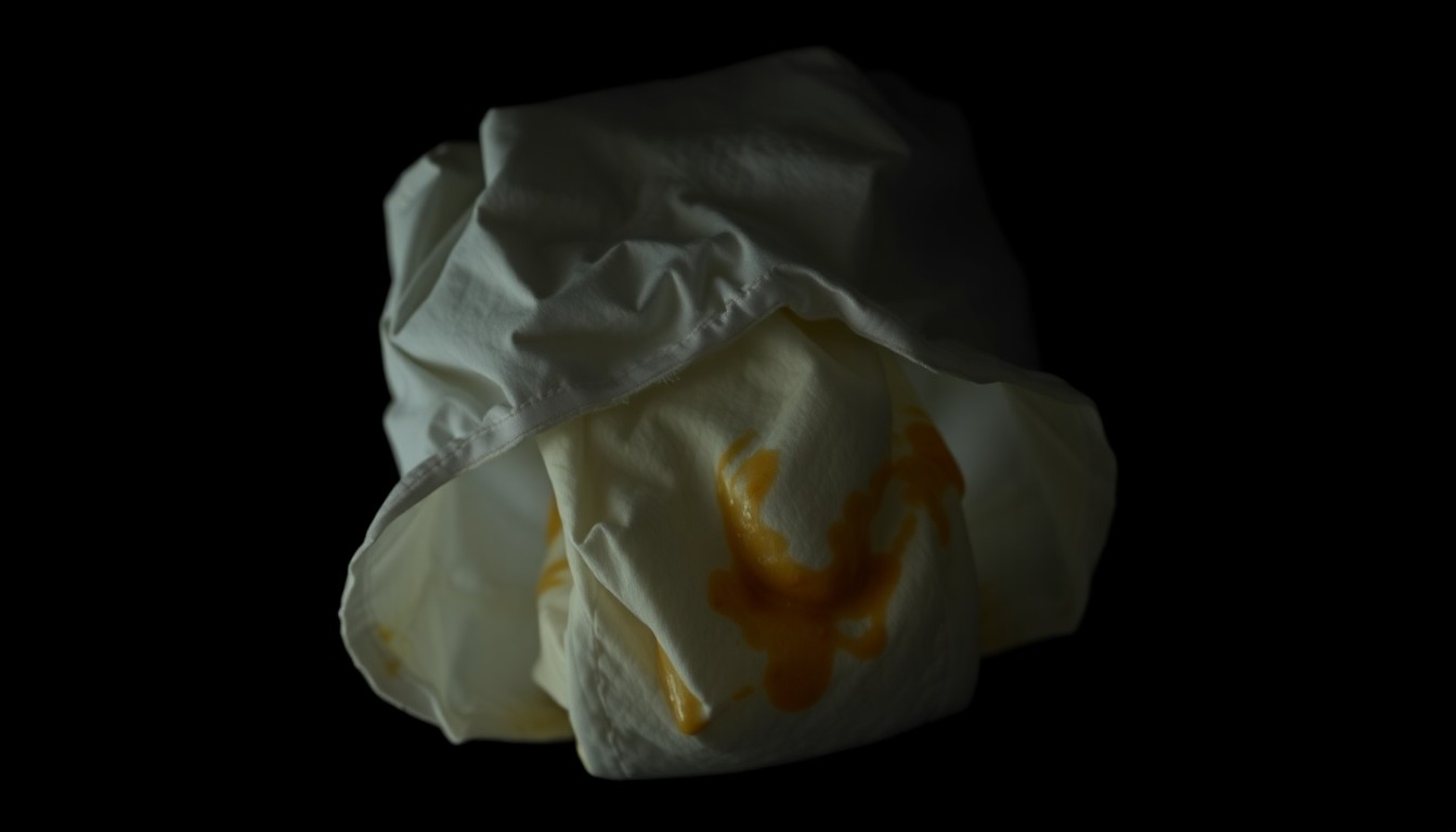 An extreme close-up photograph of a soiled adult diaper, capturing the gritty, investigative aesthetic of Weegee's crime photography to conceptually represent the disturbing incident at the nursing home.