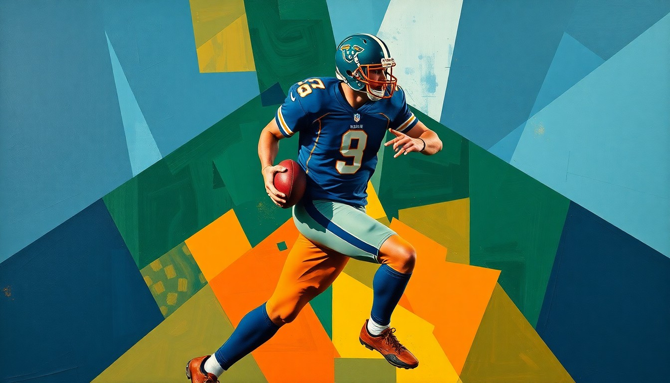 A cubist-style painting depicting a football player's body broken down into sharp, overlapping geometric shapes in navy, green, and orange, conceptually representing the neurological damage caused by repetitive head trauma in contact sports.