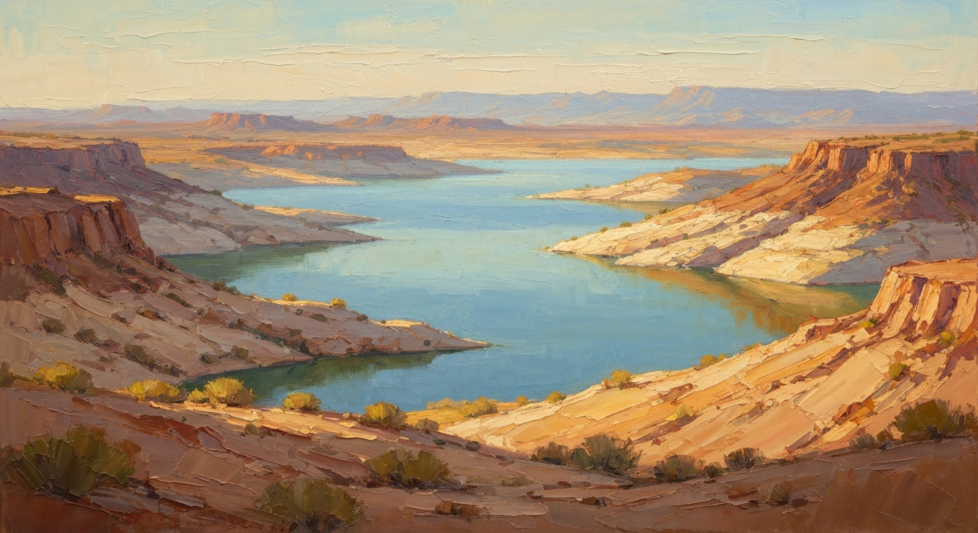 A heavily textured oil painting in warm, earthy tones depicting the serene waters of Roosevelt Lake surrounded by rugged desert landscapes, conveying a sense of tranquility and escape from the desert heat.