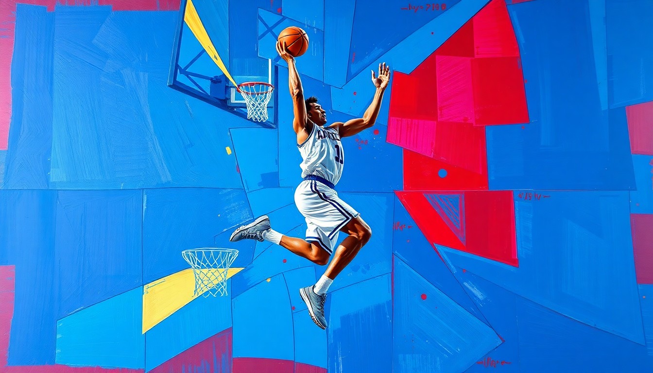 A fractured, multi-perspective painting depicting a college basketball player in mid-jump shot, their body and movement broken down into sharp, overlapping geometric planes in a vibrant color palette, conceptually representing the dynamic talent and potential of a top transfer target.