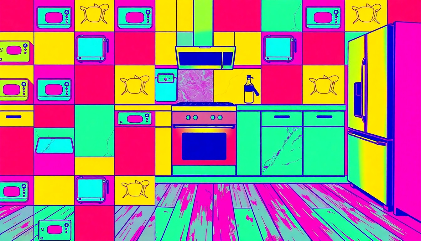 A high-contrast, silkscreen-style illustration featuring a repeated pattern of a luxury kitchen appliance or countertop, rendered in a bold, neon color palette that captures the modern, high-end aesthetic of the property.