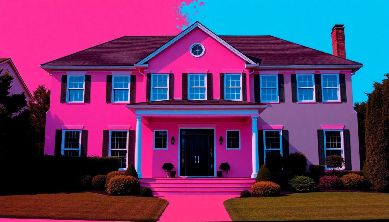 A brightly colored, high-contrast silkscreen print of a luxury home exterior with a large front porch, repeated in a tight grid pattern in the style of Andy Warhol. The image utilizes flat, vibrant, and unnatural neon color palettes overlapping with heavy black photographic outlines to turn the everyday suburban home into modern pop art, completely avoiding text or readable labels.