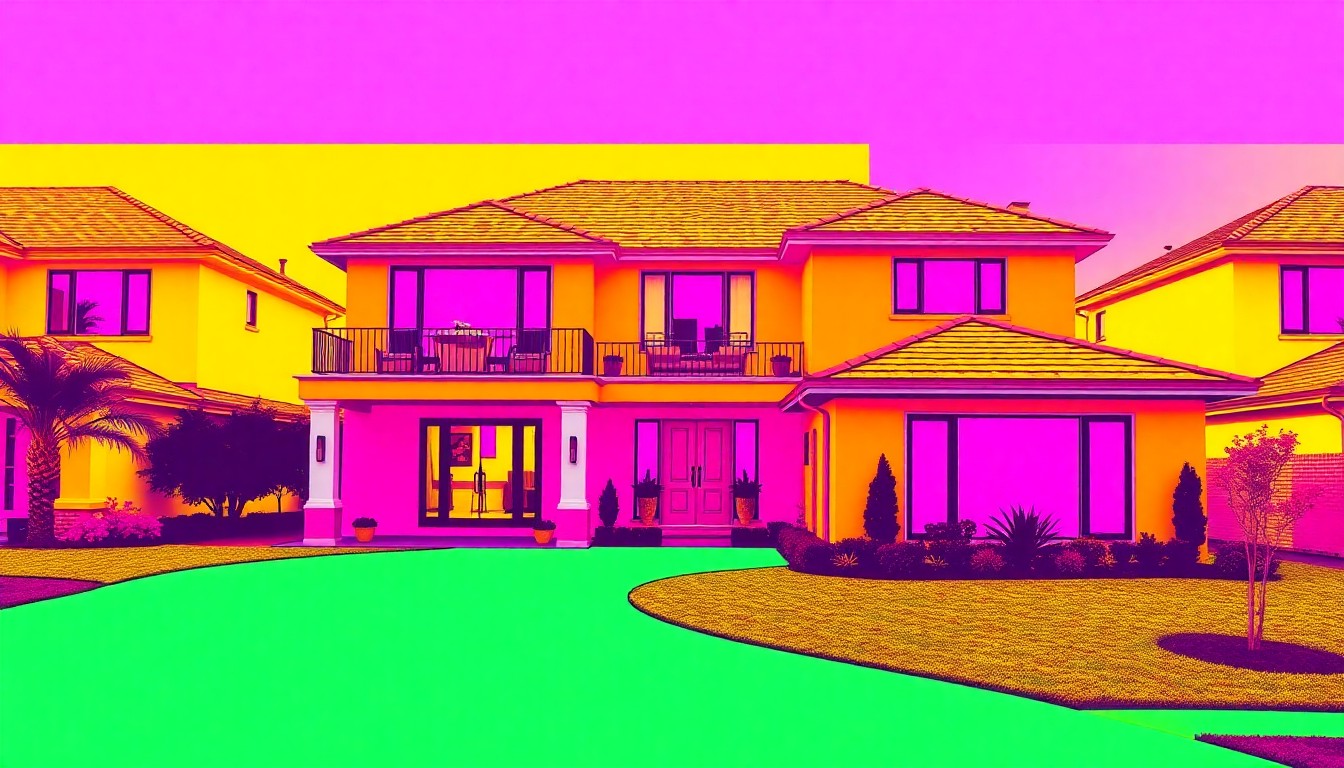 A vibrant, high-contrast silkscreen print of a luxury home exterior, rendered in a bold, neon color palette and repeated in a grid pattern, conceptually representing the modern, eye-catching appeal of this custom-built property.
