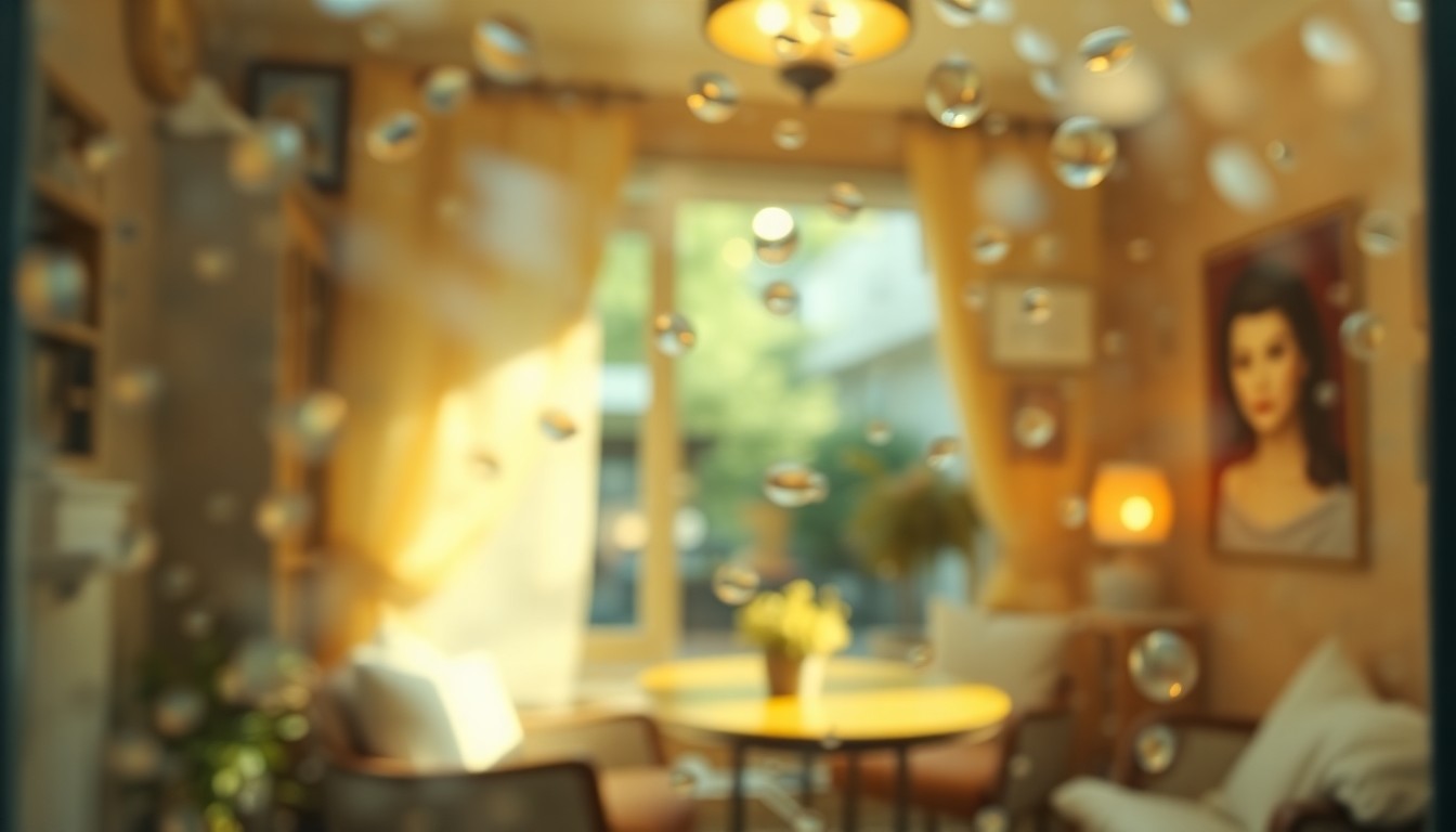 An extremely blurred, impressionistic photograph of a cozy, sun-filled townhome interior, with soft pools of warm light and color creating a sense of intimate, domestic comfort.