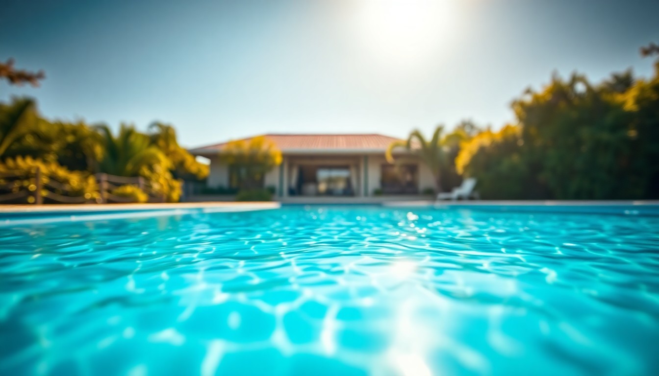 An abstract, out-of-focus photograph featuring a blurred swimming pool surrounded by lush greenery, conveying a sense of tranquility and relaxation.