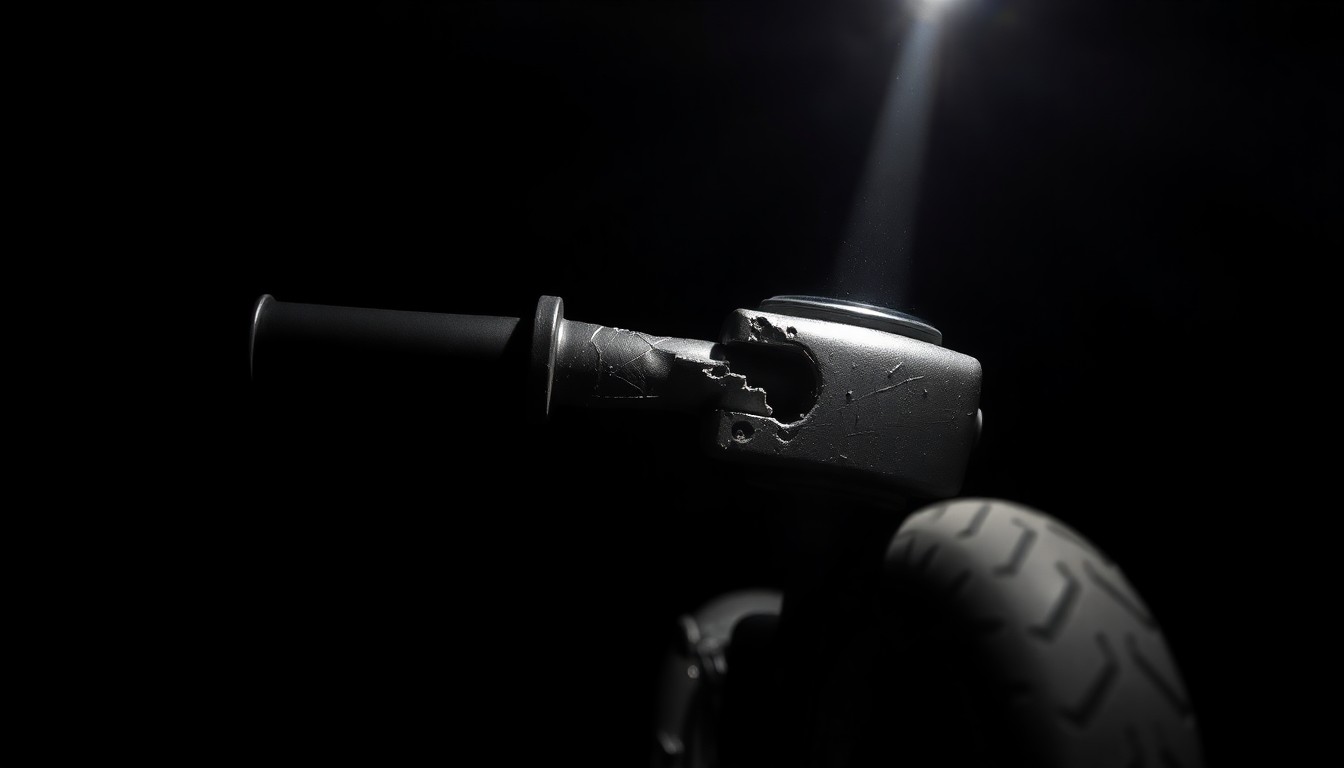 An extreme close-up photograph of a cracked and damaged electric scooter part, such as a broken handlebar or wheel, lit by a harsh, direct camera flash against a pitch-black background, conceptually illustrating the aftermath of a tragic accident.