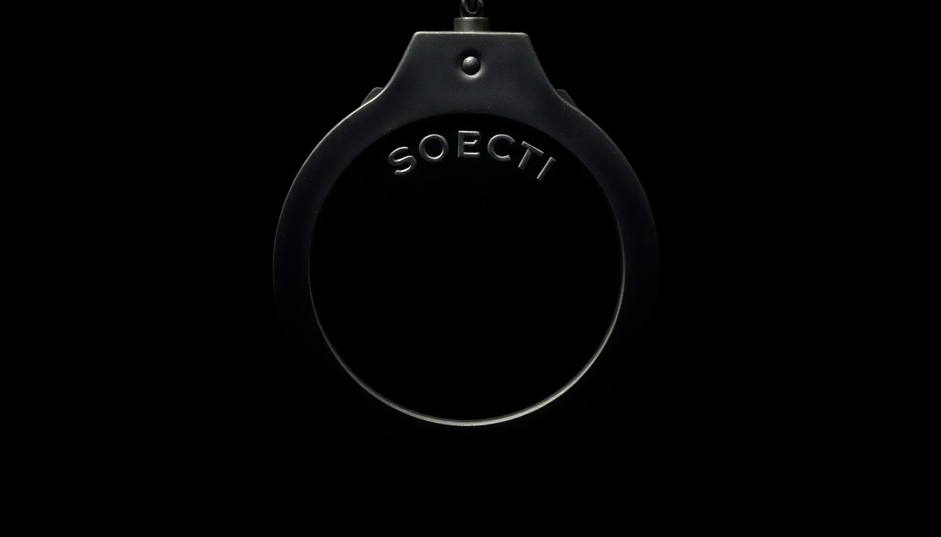 An extreme close-up photograph of a police badge or handcuff against a pitch-black background, lit by a harsh, direct camera flash, conceptually representing the tense and urgent nature of a barricaded suspect incident.