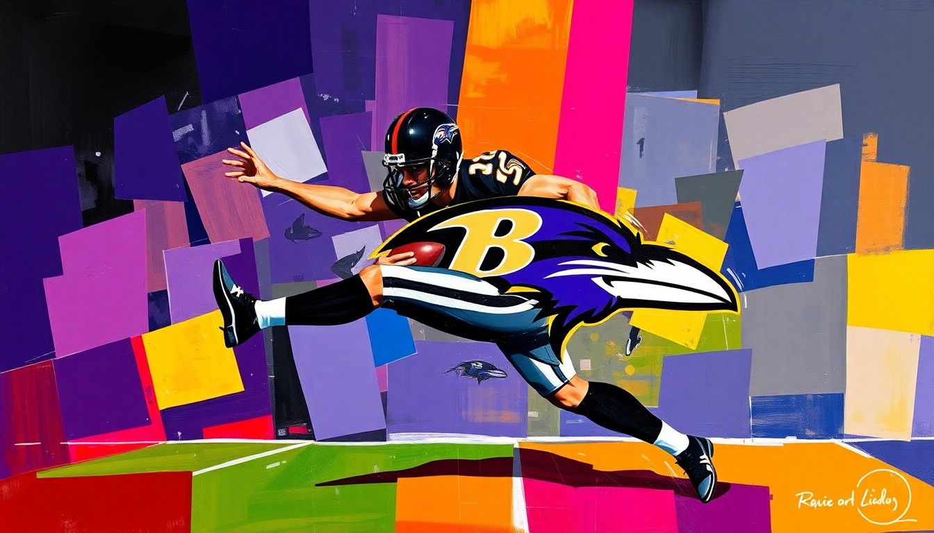 A fractured, cubist-style painting depicting the geometric shapes and planes of a football punting motion, using the Ravens' official team colors of purple, black, and gold to conceptually represent the team's search for a new punter.